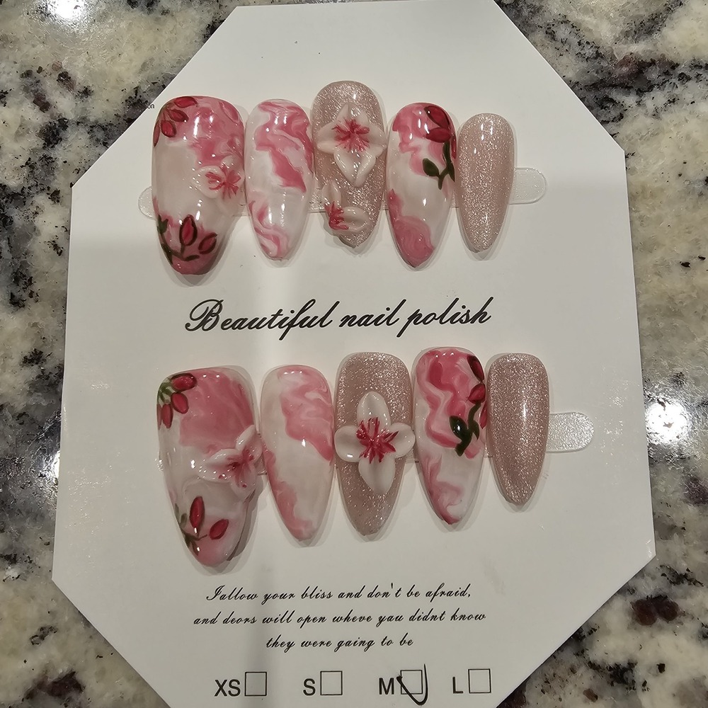 Handmade Acrylic Press On Nails Pink Floral Medium Almond